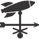 A black and white image of an airplane on top of a weather vane.